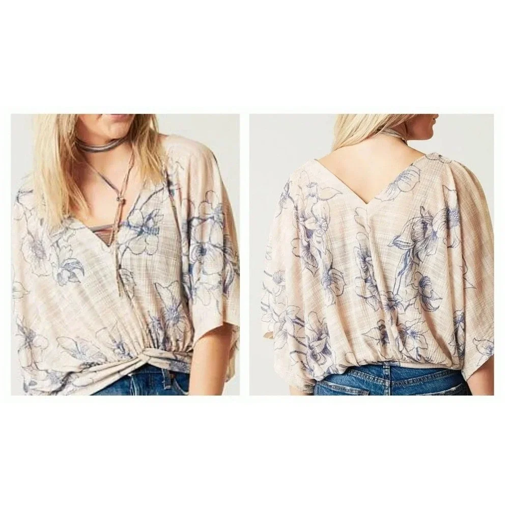 Free People Blue Floral‎ Print Dolman Sleeve V Neck Kimono Style Top M